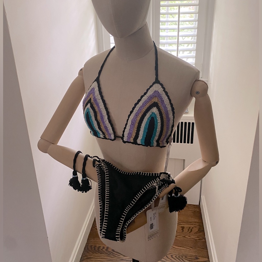 NWT- Stunning crochet bikini. black&white, w/teal, gold and lavender & tassels.